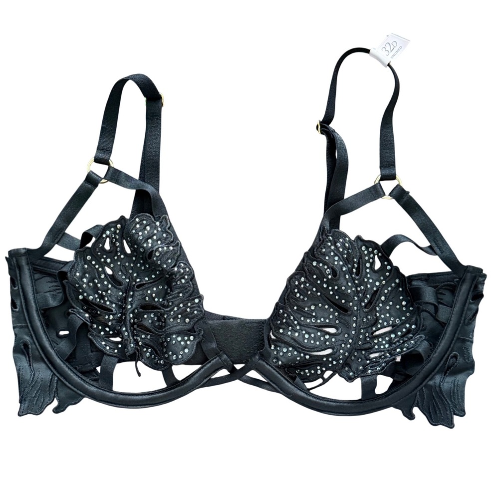 Victorias‎ Secret 32D Black Monstera Leaf Rhinestone Strappy Demi Bra NWT